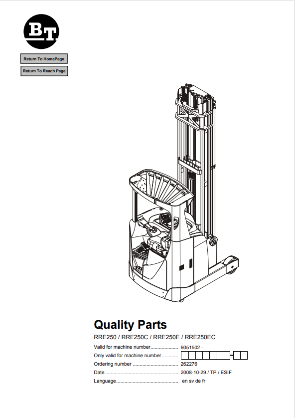 BT FORKLIFT RRE250, RRE250C, RRE250E, RRE250EC QUALITY PARTS MANUAL PDF