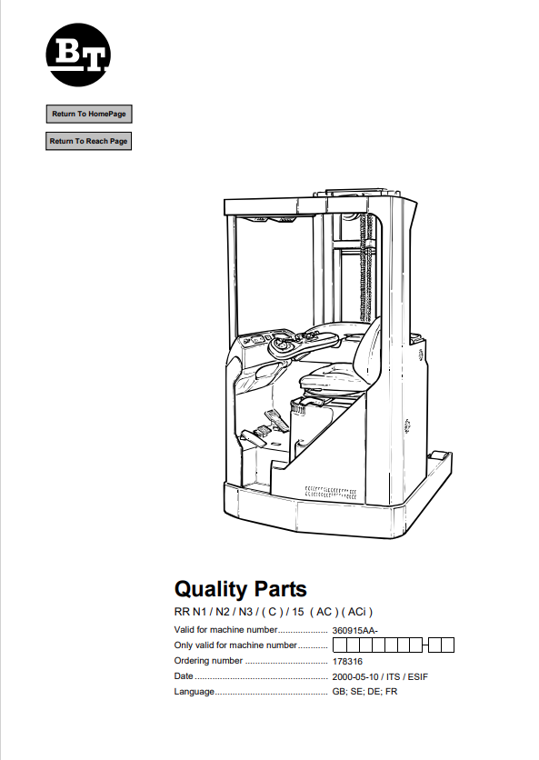 BT FORKLIFT RR N1, N2, N3, (C), 15 (AC) (ACi) PARTS MANUAL PDF