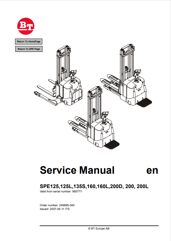 BT FORKLIFT SPE125, 125L, 135S, 160, 160L, 200D, 200, 200L SERVICE MANUAL PDF