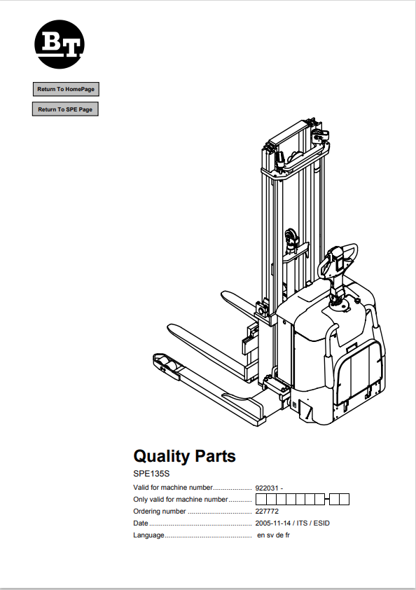 BT FORKLIFT SPE135S QUALITY PARTS MANUAL PDF