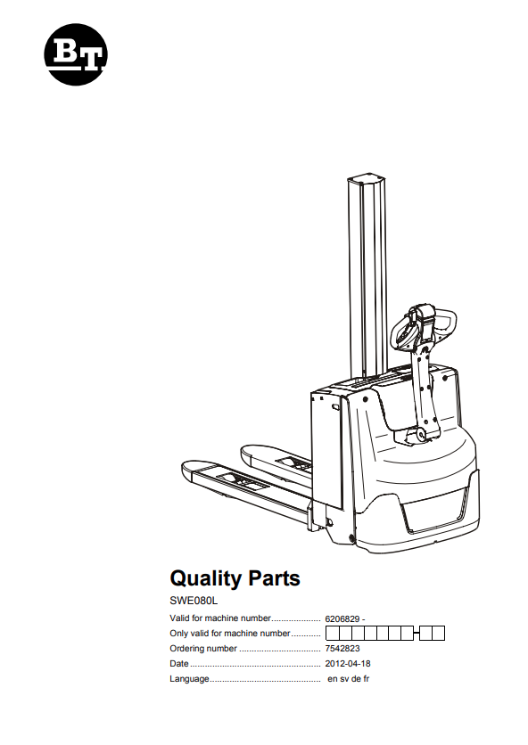 BT FORKLIFT SWE080L QUALITY PARTS MANUAL PDF