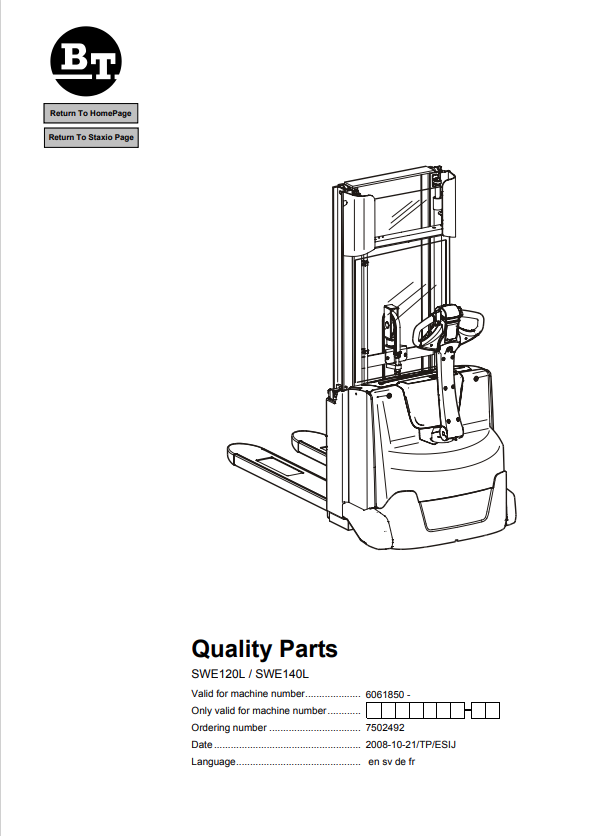 BT FORKLIFT SWE120L, SWE140L QUALITY PARTS MANUAL PDF