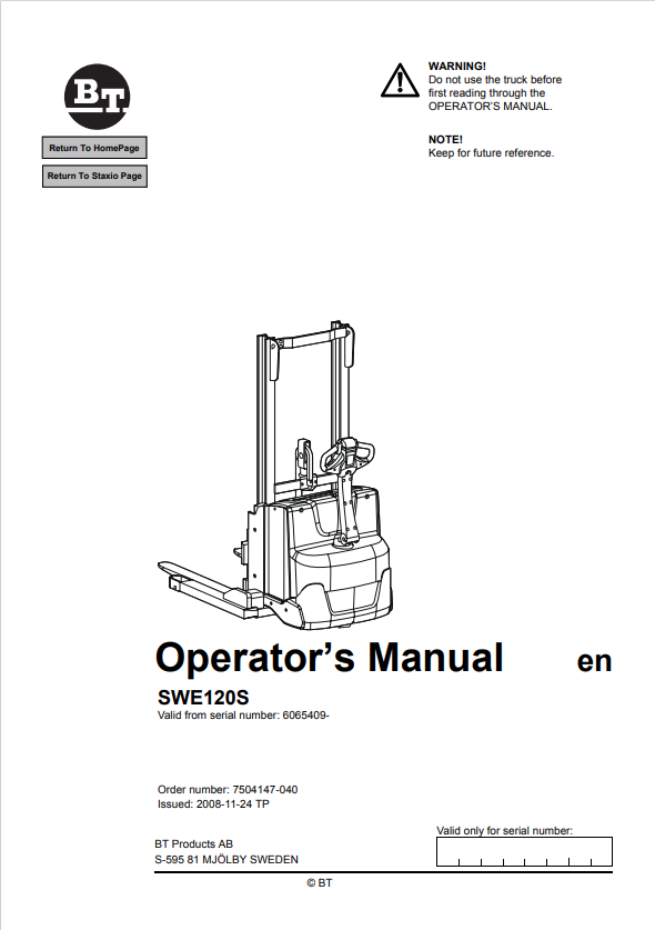 BT FORKLIFT SWE120S OPERATOR MANUAL PDF