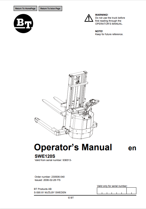 BT FORKLIFT SWE120S OPERATOR MANUAL PDF
