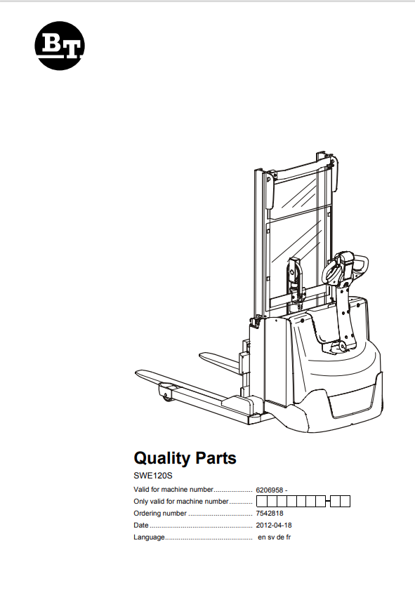 BT FORKLIFT SWE120S QUALITY PARTS MANUAL PDF