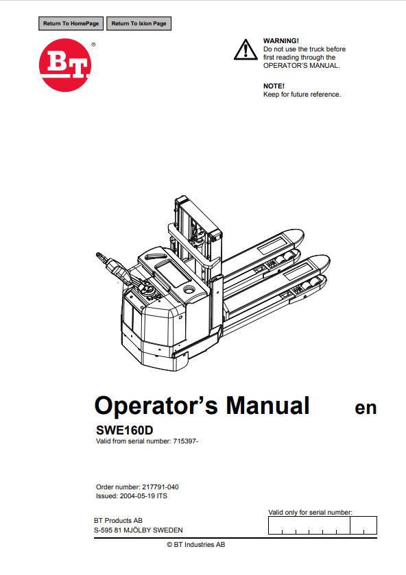 BT FORKLIFT SWE160D OPERATOR MANUAL PDF