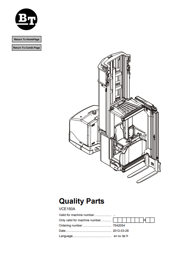 BT FORKLIFT VCE150A QUALITY PARTS MANUAL PDF