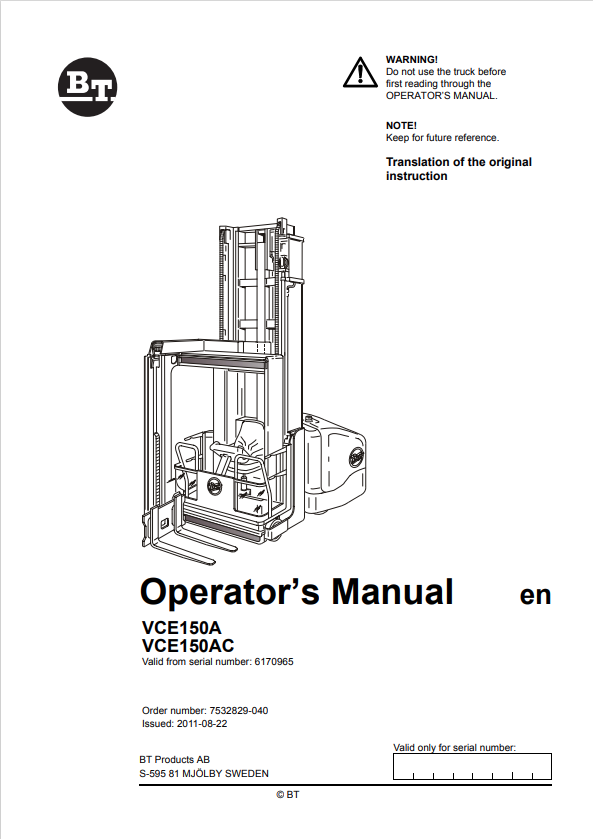 BT FORKLIFT VCE150A, VCE150AC OPERATOR MANUAL PDF