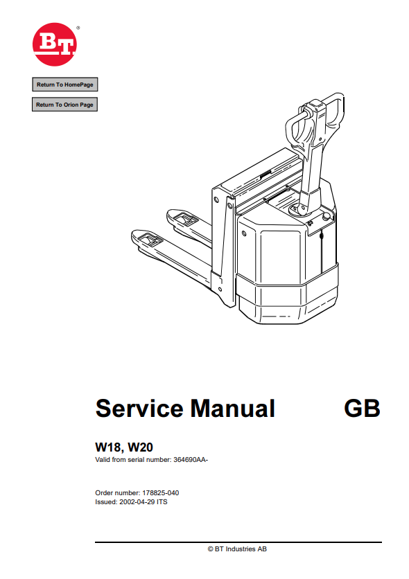 BT FORKLIFT W18, W20 SERVICE MANUAL PDF