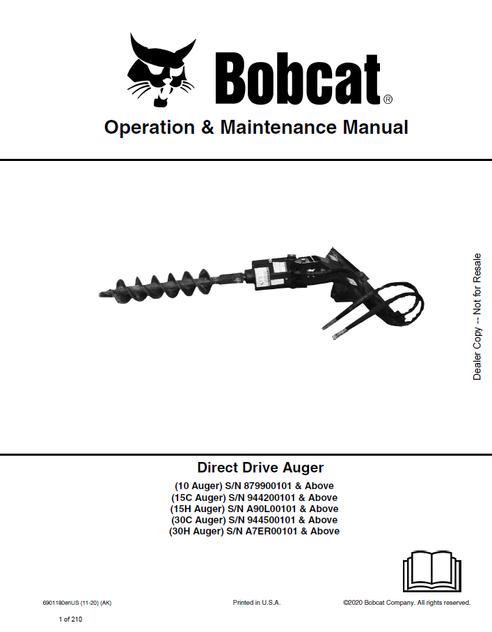 Bobcat 10, 15C, 15H, 30C, 30H Direct Drive Auger Operation and Maintenance Manual PDF