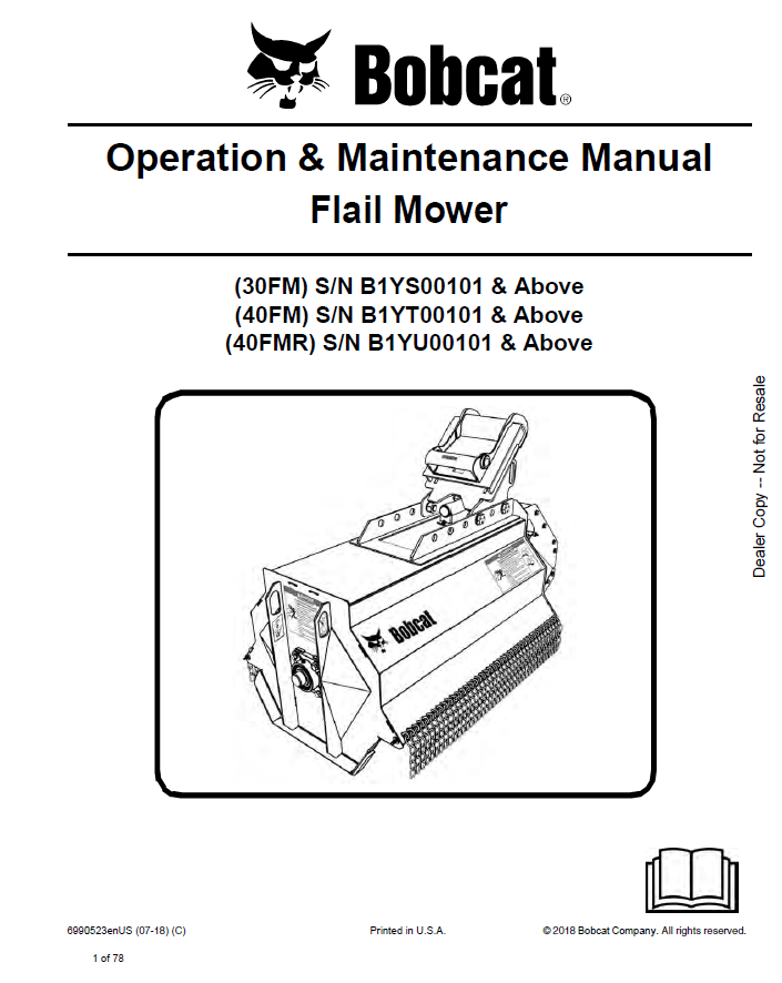 Bobcat 30 FM, 40FM, 40FMR Flail Mower Operation & Maintenance Manual PDF