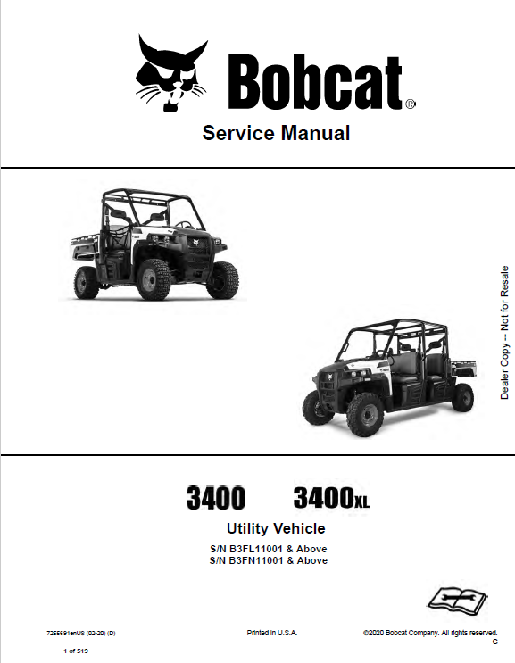 Bobcat 3400, 3400XL Utility Vehicle Service Manual