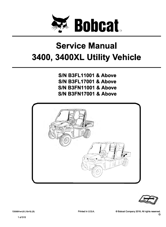 Bobcat 3400, 3400XL Utility Vehicle Service Manual PDF