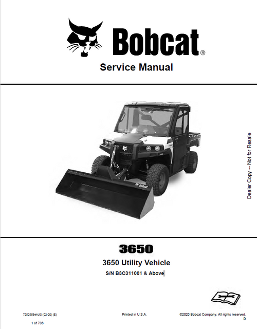 Bobcat 3650 Utility Vehicle Service Manual PDF