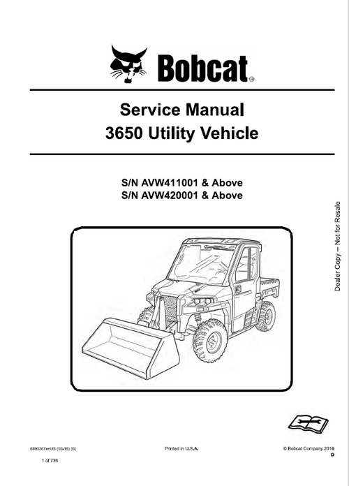 Bobcat 3650 Utility Vehicle Service Manual PDF