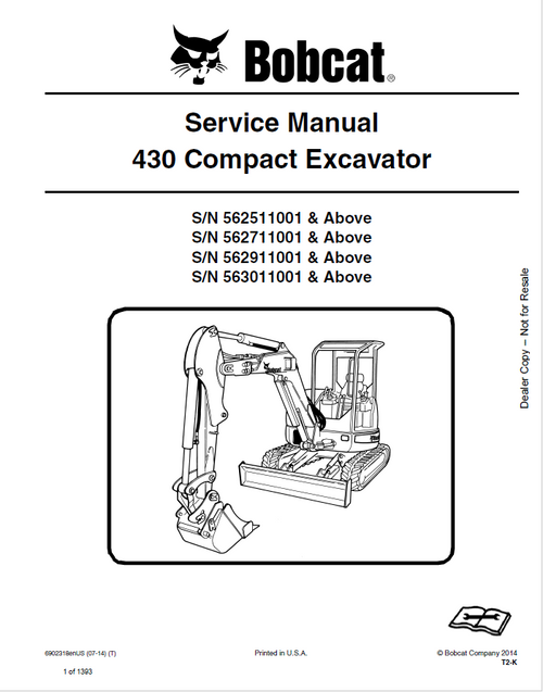 Bobcat 430 Compact Excavator Service Manual PDF
