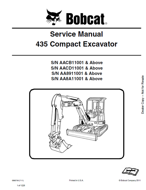 Bobcat 435 Compact Excavator Service Manual PDF