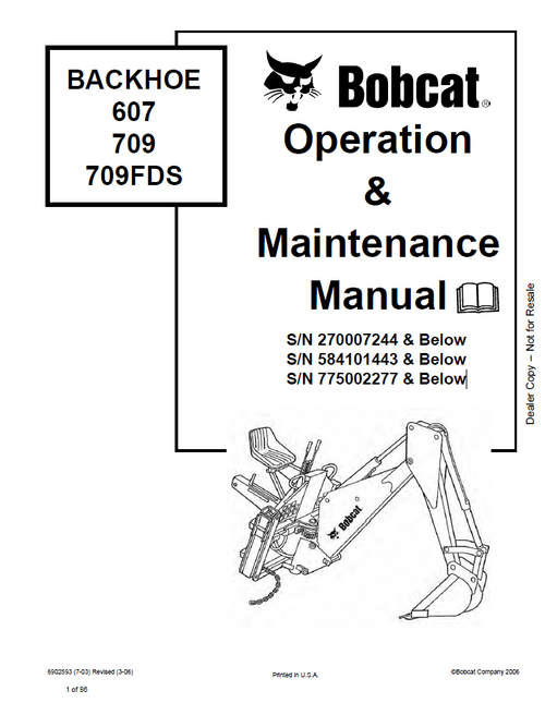 Bobcat 607, 709, 709FDS BACKHOE Operation and Maintenance Manual PDF