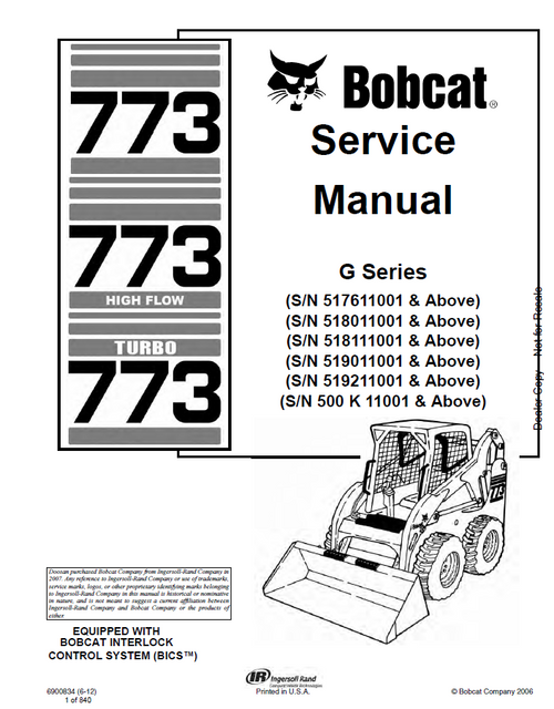 Bobcat 773, 773 High Flow, 773 Turbo G Series Service Manual PDF