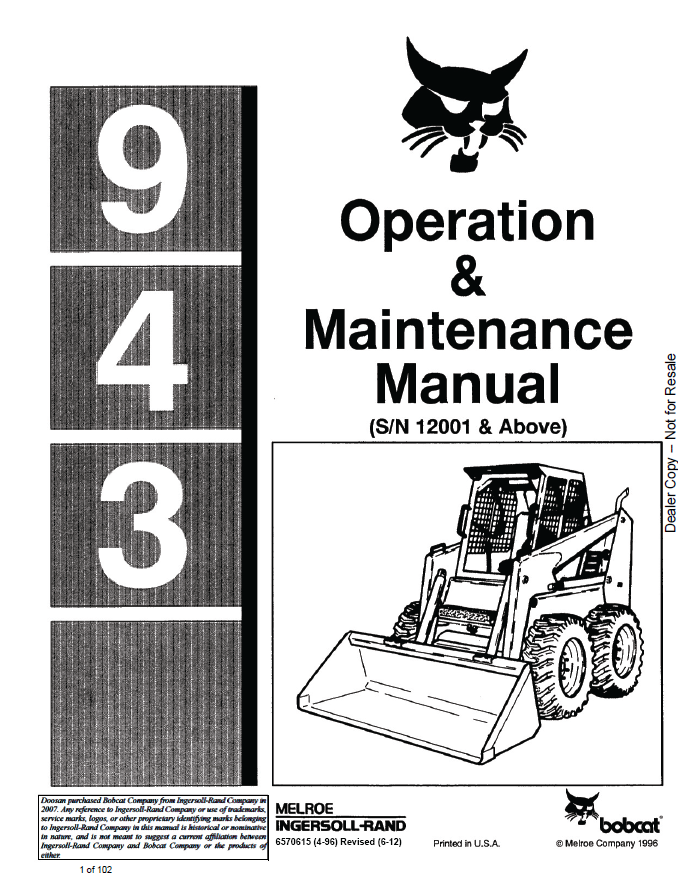 Bobcat 943 Loader Operation and Maintenance Manual PDF