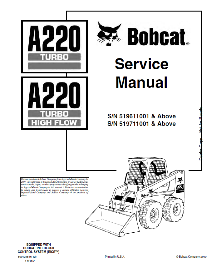 Bobcat A220 TURBO A220 TURBO HIGH FLOW Service Manual PDF
