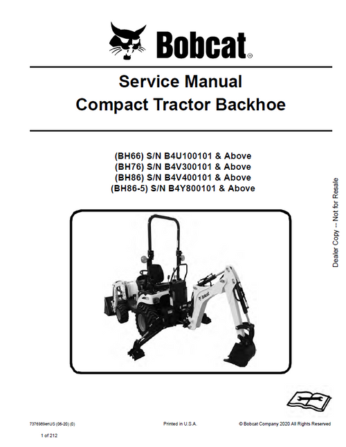 Bobcat BH66, BH76, BH86, BH86-5 Compact Tractor Backhoe Service Manual PDF