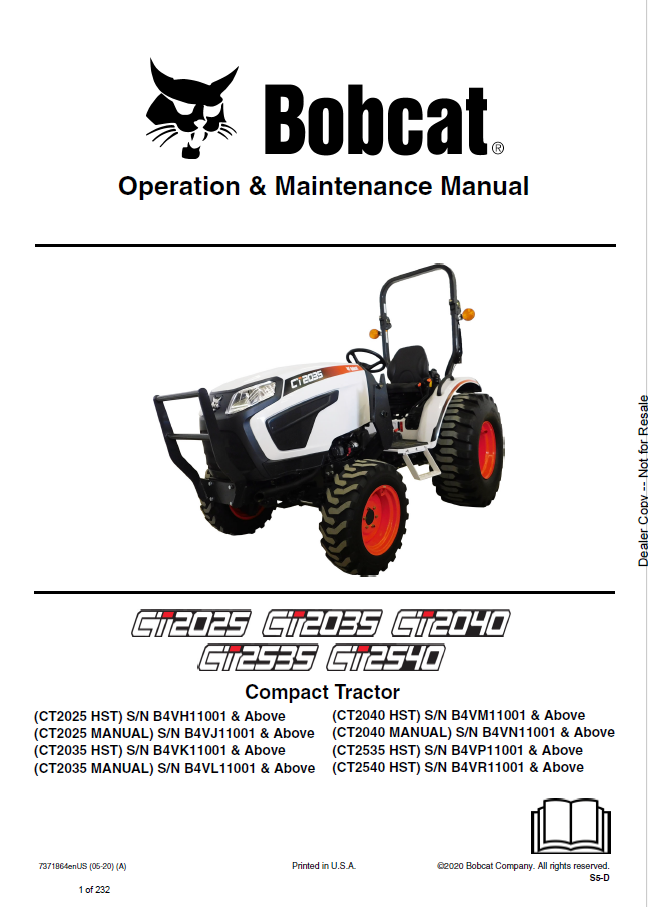 Bobcat CT2025 HST, CT2025, CT2035 HST, CT2035, CT2040 HST, CT2040, CT2535 HST, CT2540 HST Operation & Maintenance Manual PDF