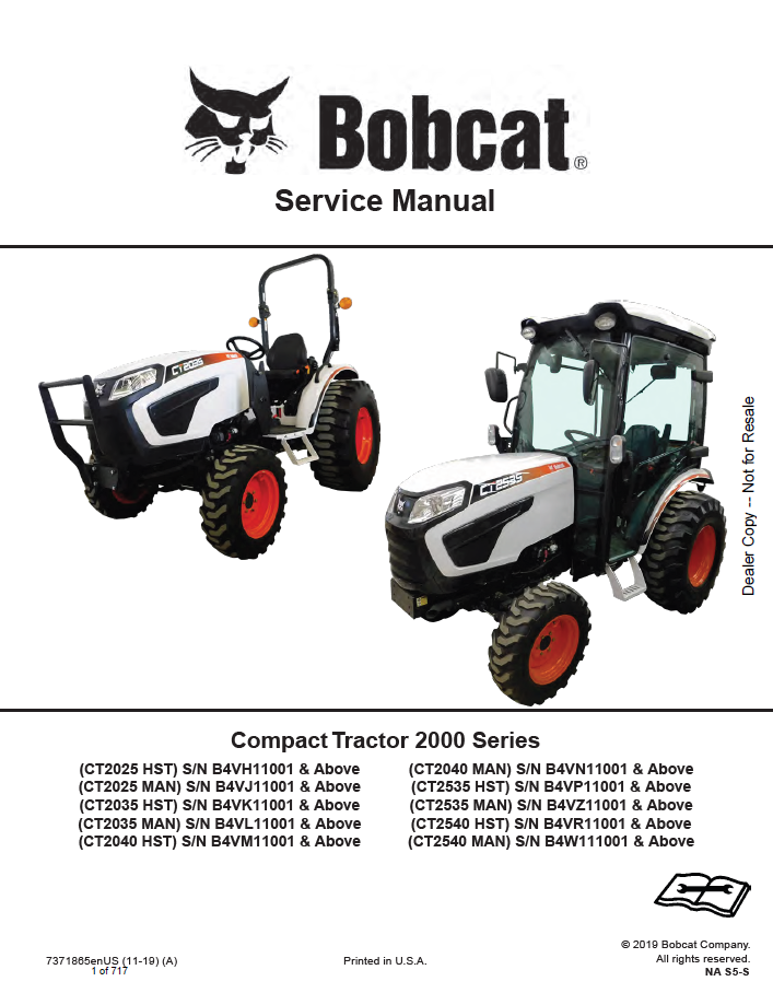 Bobcat CT2025 HST, CT2025 MAN, CT2035 HST, CT2035 MAN, CT2040 HST, CT2040 MAN, CT2535 HST, CT2535 MAN, CT2540 HST, CT2540 MAN Service Manual PDF