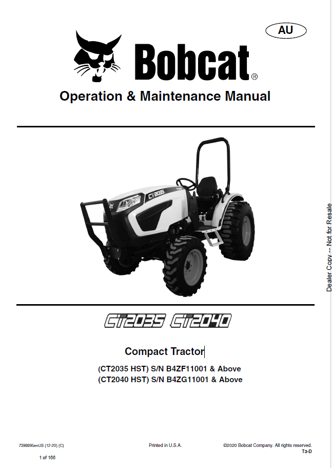 Bobcat CT2035 HST, CT2040 HST Compact Tractor Operation & Maintenance Manual PDF