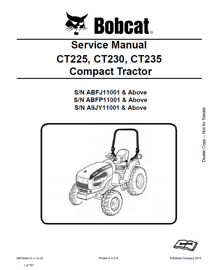 Bobcat CT225, CT230, CT235 Compact Tractor Service Manual PDF