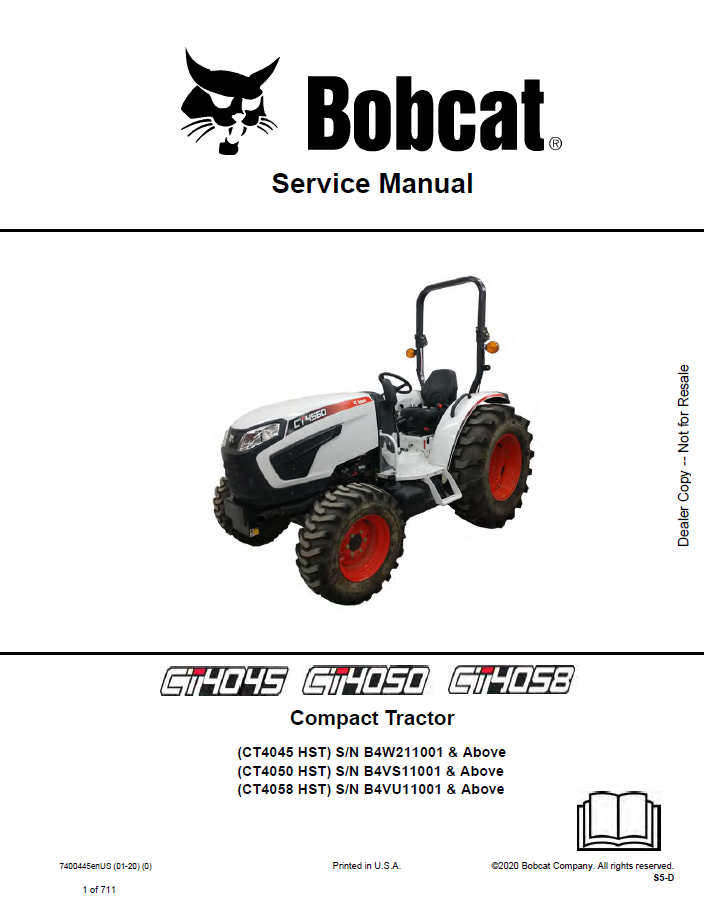 Bobcat CT4045 HST, CT4050 HST, CT4058 HST Compact Tractor Service Manual PDF