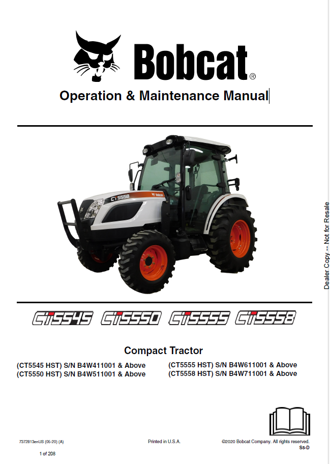 Bobcat CT5545 HST, CT5550 HST, CT5555 HST, CT5558 HST Compact Tractor Operation & Maintenance Manual PDF