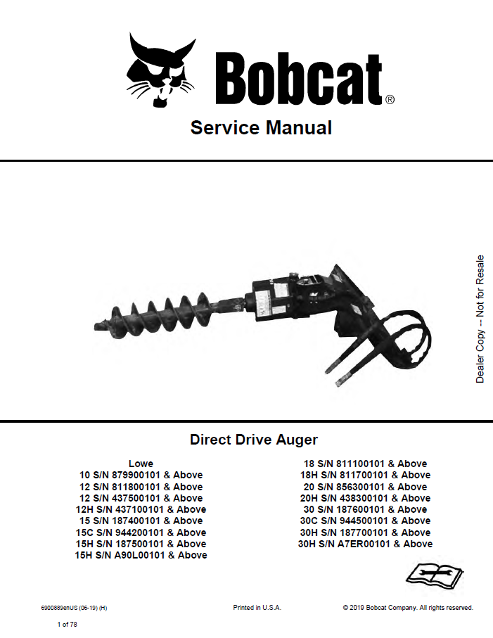 Bobcat Direct Drive Auger Service Manual PDF