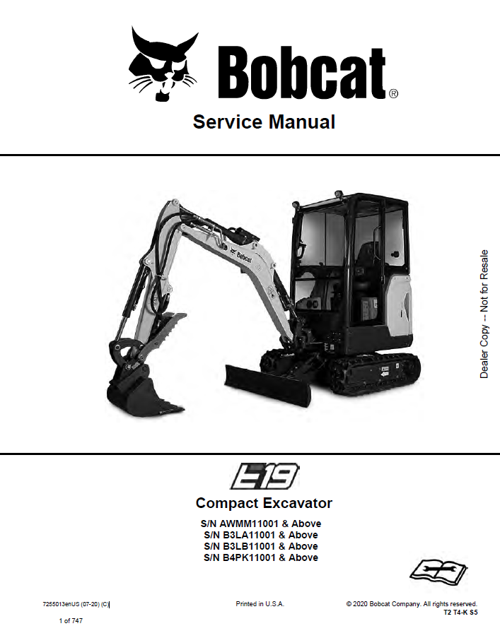 Bobcat E19 Compact Excavator Service Manual PDF
