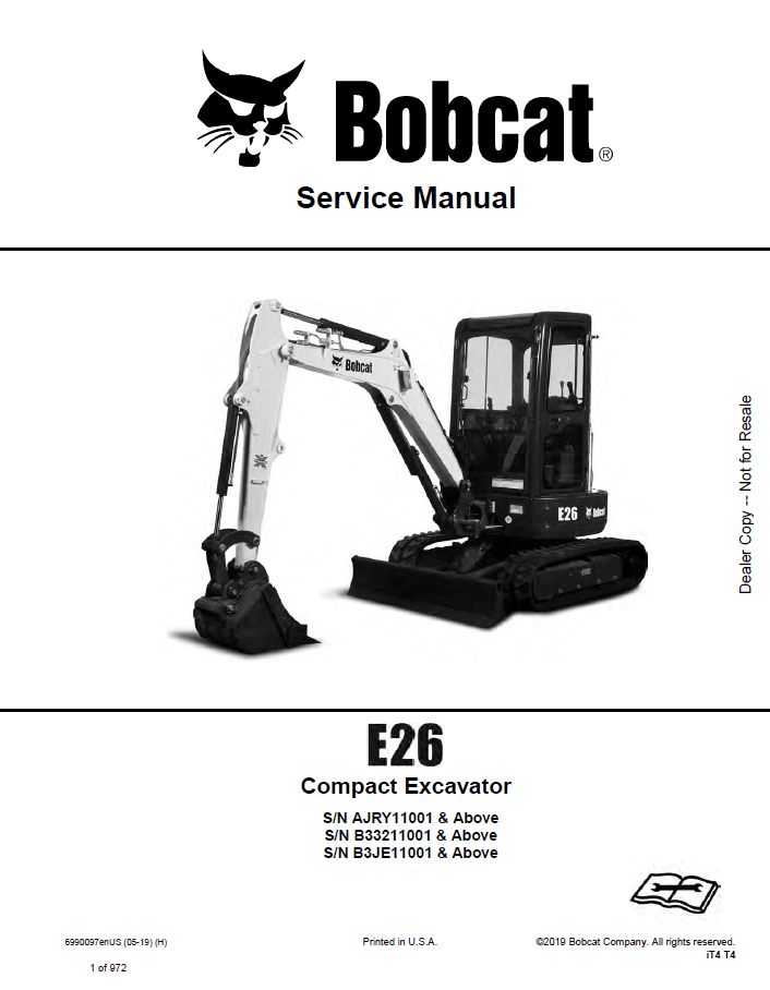 Bobcat E26 Compact Excavator Service Manual PDF