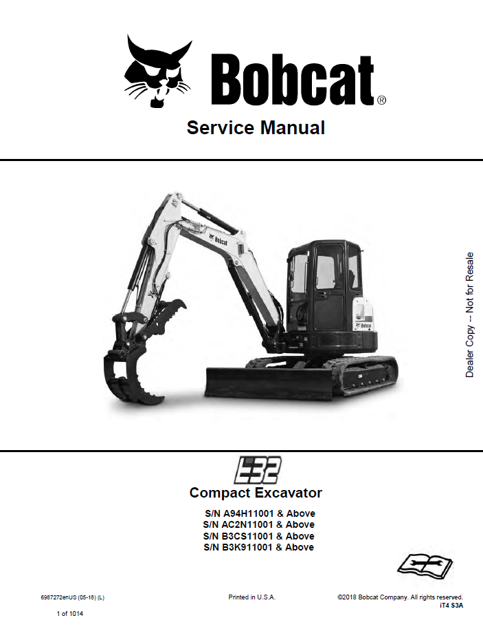 Bobcat E32 Compact Excavator Service Manual PDF