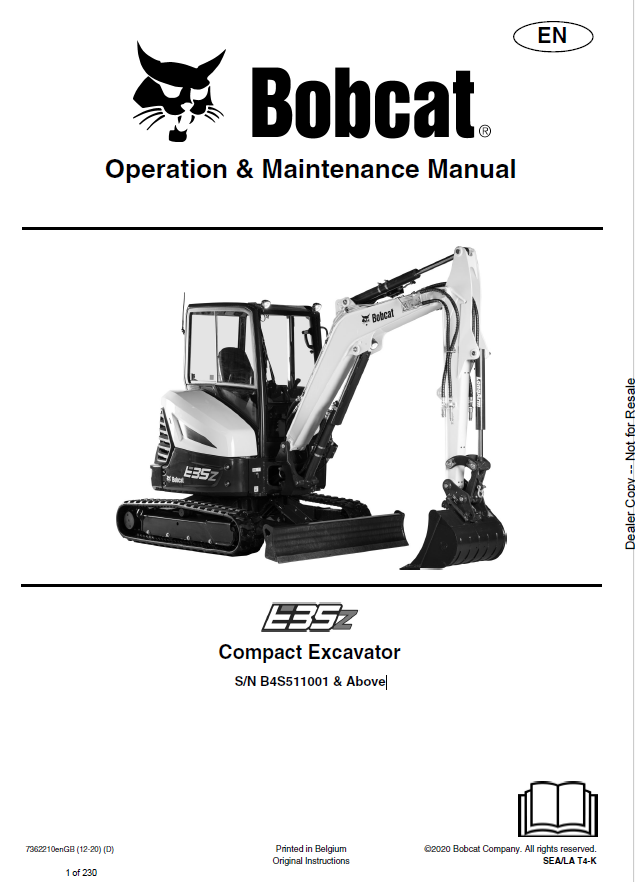 Bobcat E35 Compact Excavator Operation & Maintenance Manual PDF