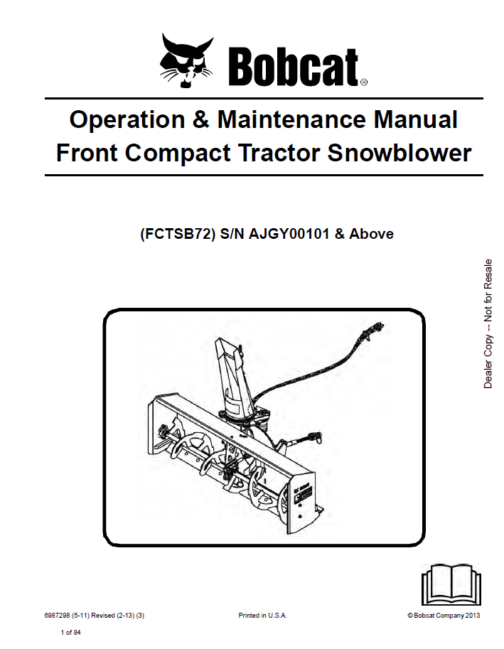 Bobcat FCTSB72 Front Compact Tractor Snowblower Operation & Maintenance Manual PDF