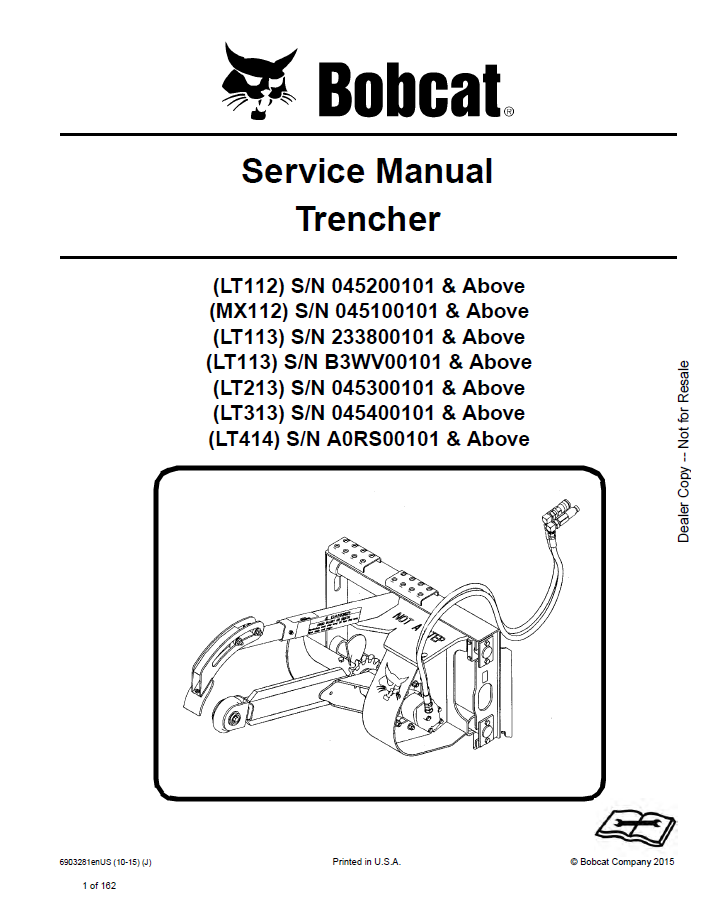 Bobcat LT112, MX112, LT113, LT113, LT213, LT313, LT414 Trencher Service Manual PDF