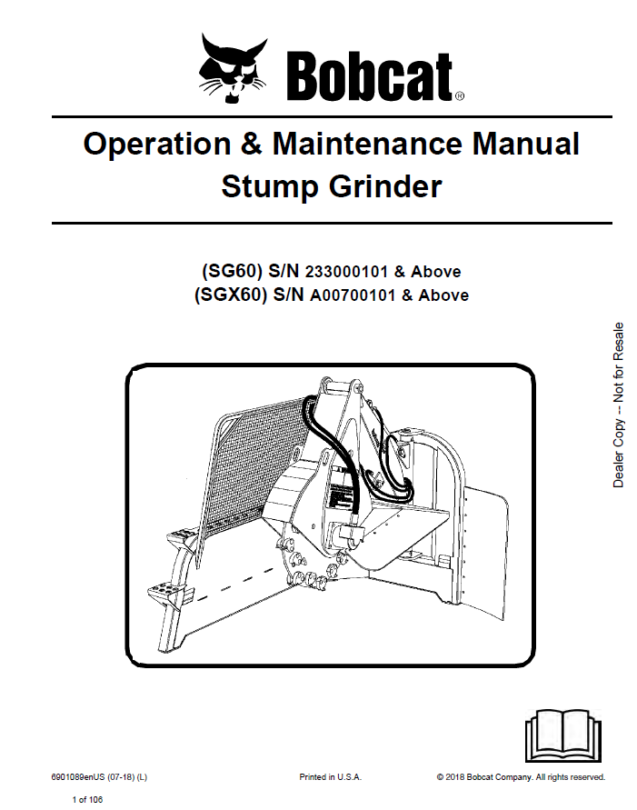 Bobcat SG60, SGX60 Stump Grinder Operator and Maintenance Manual PDF