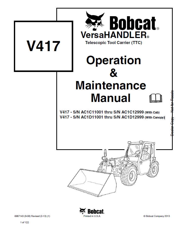 Bobcat V417 Telescopic Tool Carrier Operation & Maintenance Manual PDF