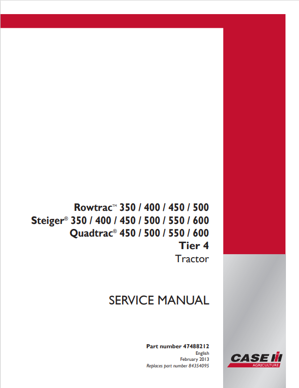 Case 350, 400, 450, 500, 550, 600 Tier 4 Rowtrac, Steiger, Quadtrac Service Manual 47488212 PDF