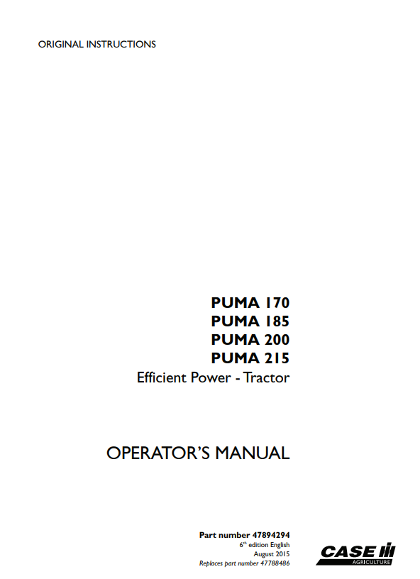 Case IH Tractor Puma 170, 185, 200, 215 Efficient Power Operator Manual 47894294 PDF
