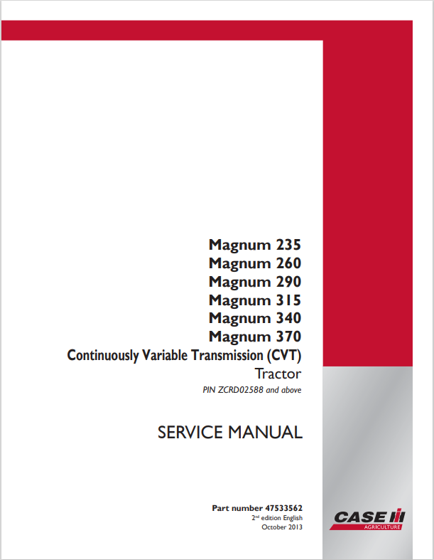 Case Magnum 235, 260, 290, 315, 340, 370 CVT Tractor Service Manual 47533562 
