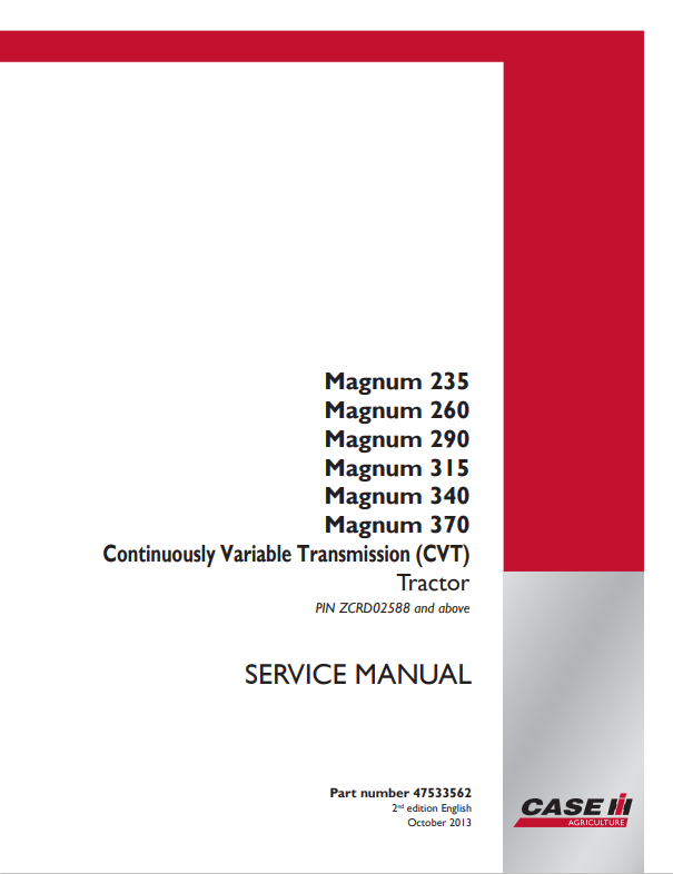 Case Magnum 235, 260, 290, 315, 340, 370 CVT Tractor Service Manual 47533562 PDF