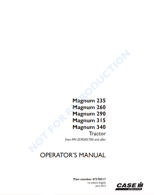 Case Magnum 235, 260, 290, 315, 340, Tractor Operator Manual 47378217 PDF