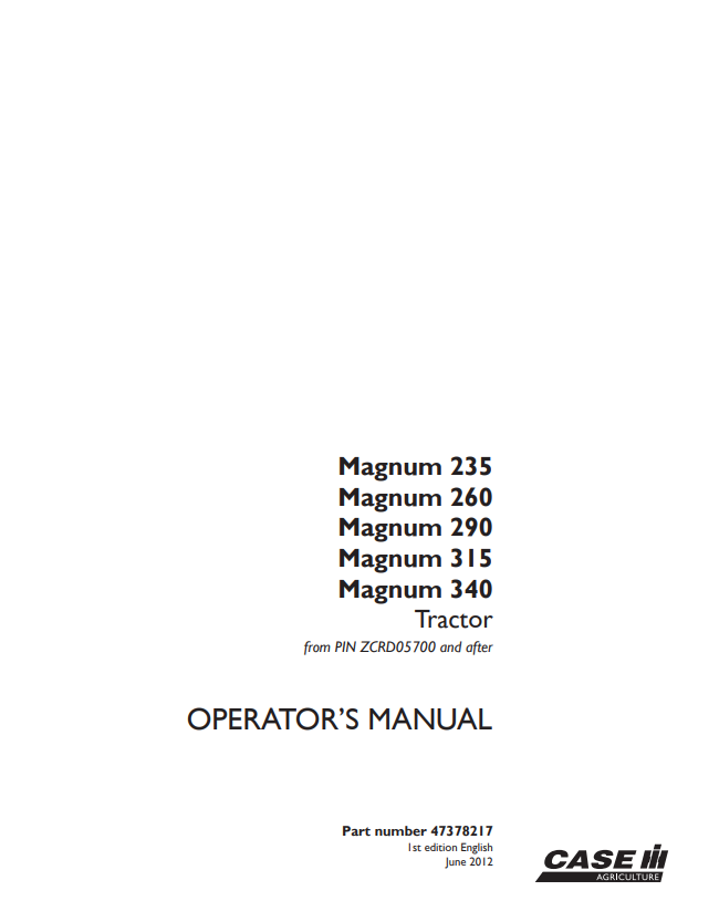 Case Magnum 235, 260, 290, 315, 340, Tractor Operator Manual 47378217 PDF