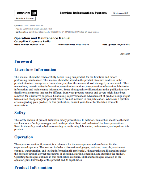 Caterpillar Cat 226D Skid Steer Loader Operation and Maintenance Manual PDF | S/N HRD