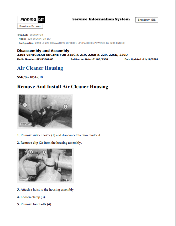 Caterpillar Cat 229 Excavator Service and Repair Manual PDF | S/N 1GF