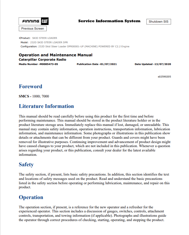 Caterpillar Cat 232D Skid Steer Loader Operation and Maintenance Manual PDF | S/N DPR
